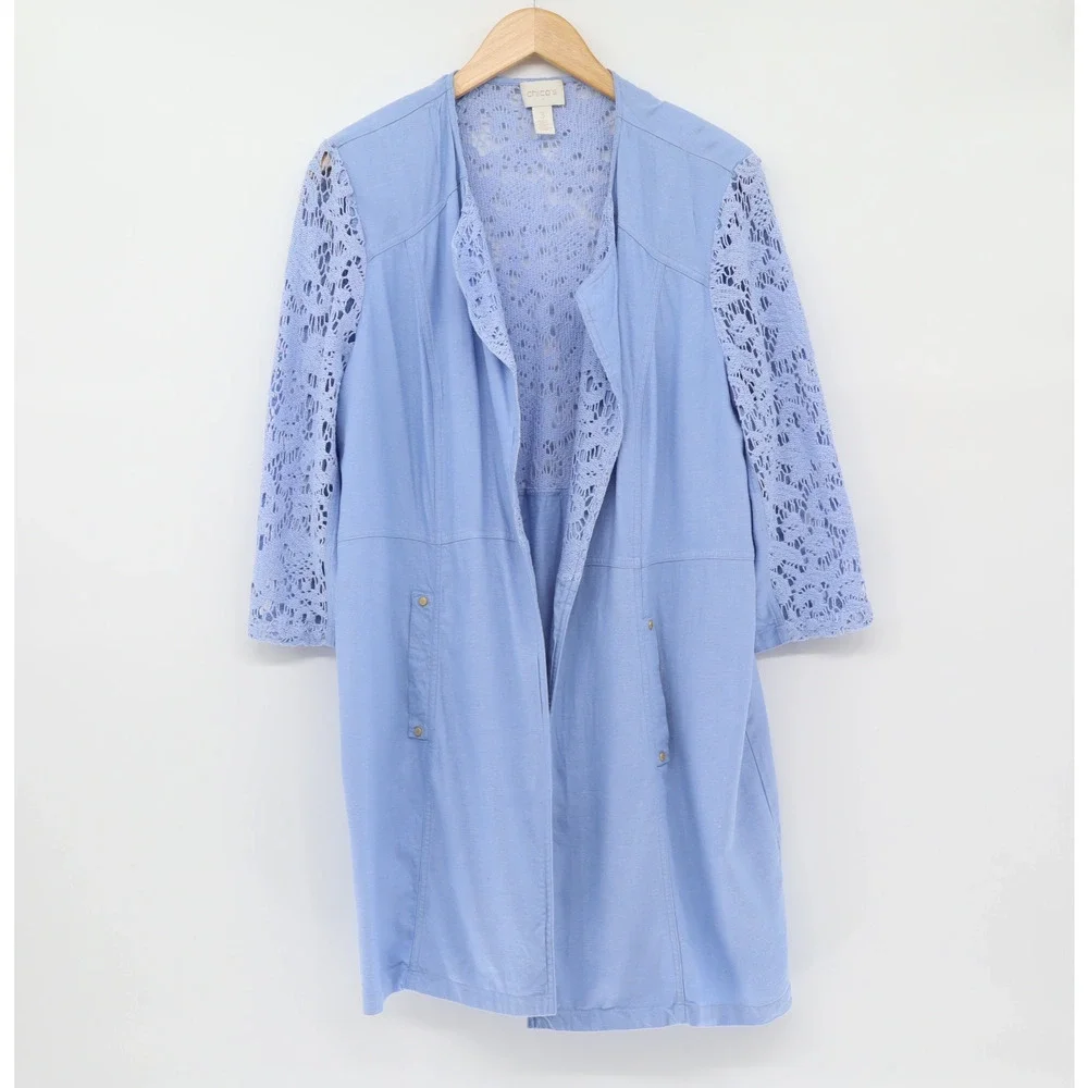 Chicos Women's Light Blue Linen Blend Lace Duster Jacket 3/4 Sleeve Sz XL - Picture 1 of 4